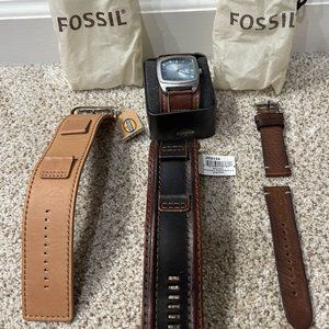 Fossil Steel Crystal Blue Watch JR-9156 w/ 4 Genuine Leather Bands & New Battery